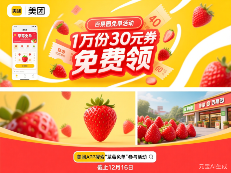 美团百果园草莓免单活动1万份30元券免费领-售乐资源网